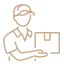 Simple line drawing of a delivery person wearing a cap and holding a package.